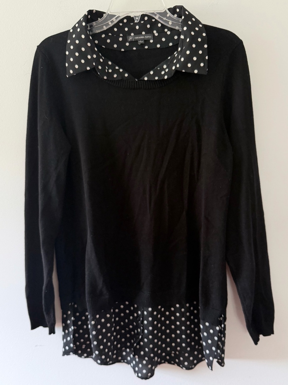 Adrianna Papell Black Twofer Sweater Two-in-One Polka Dot Collar & Hem L